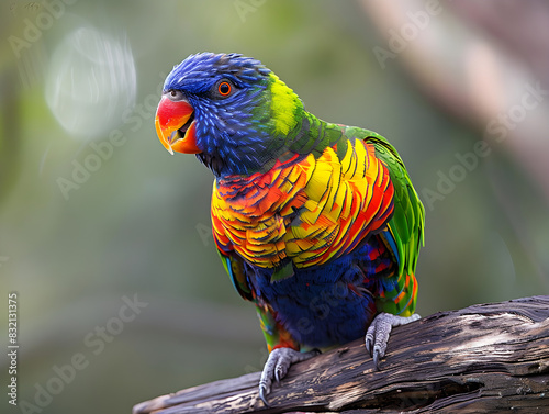 Vibrant parrot perched on colorful branch, squawking loudly with vivid plumage, lively and captivating. photo