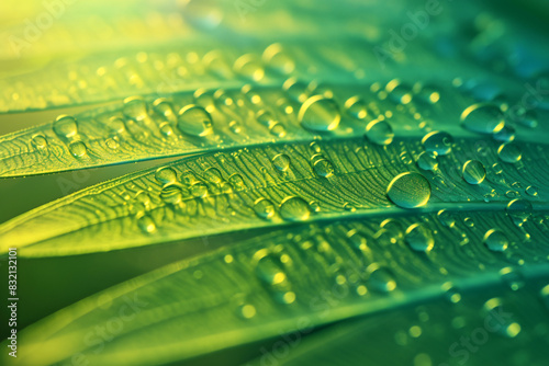 Close-up of dew droplets on a green leaf with a gradient background photo