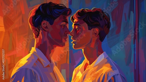 Intimate Embrace A Vibrant Narrative of Queer Love and Connection This striking captures a poignant scene of two men in a tender passionate embrace set against a backdrop of rich expressive colors
