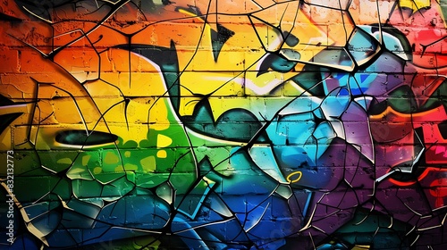 An abstract graffiti wall with a shattered glass effect in rainbow colors