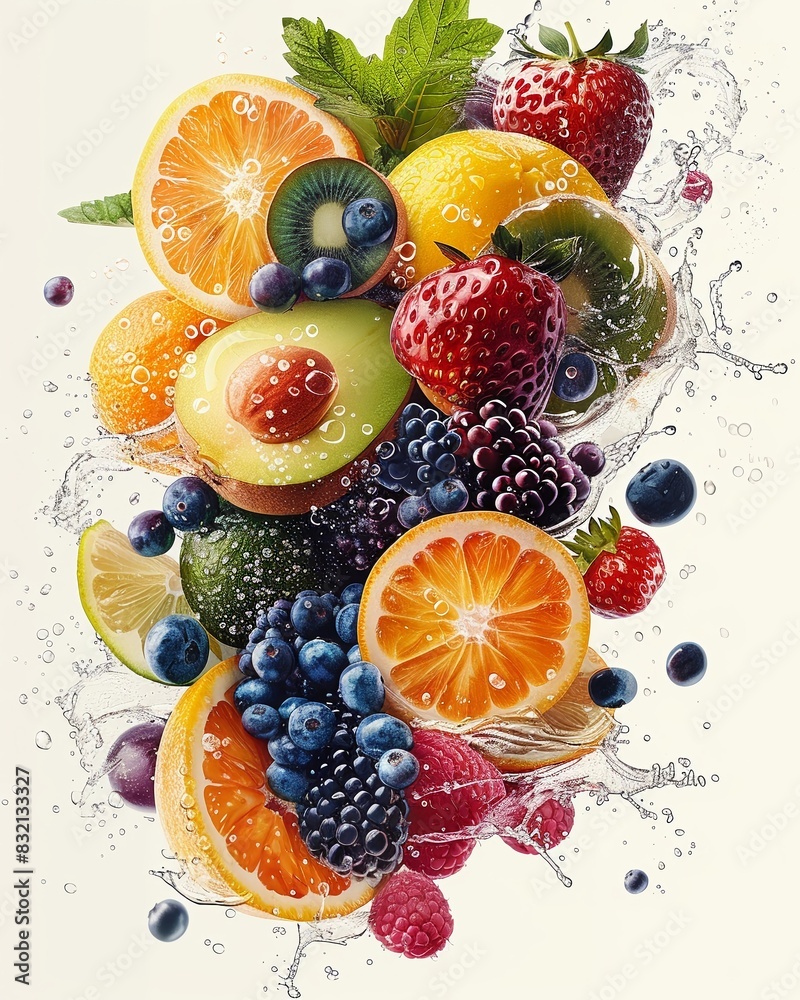 Craft a dynamic die-cut design featuring a variety of fruits bursting out of a central point on the image The fruits should be realistically detailed and positioned artistically to create a sense of Craft a dynamic die-cut design featuring a variety of fruits bursting out of a central point on the image The fruits should be realistically detailed and positioned artistically to create a sense of
