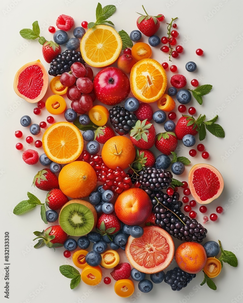 Craft a dynamic die-cut design featuring a variety of fruits bursting out of a central point on the image The fruits should be realistically detailed and positioned artistically to create a sense of Craft a dynamic die-cut design featuring a variety of fruits bursting out of a central point on the image The fruits should be realistically detailed and positioned artistically to create a sense of