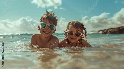 Beach bliss for kids: cheerful girl and boy splash in waves. © GENi