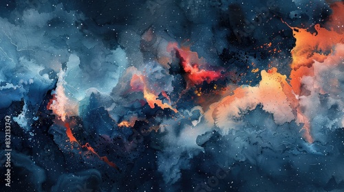 Moody midnight blues blend with fiery oranges in a cosmic explosion of abstract watercolor photo