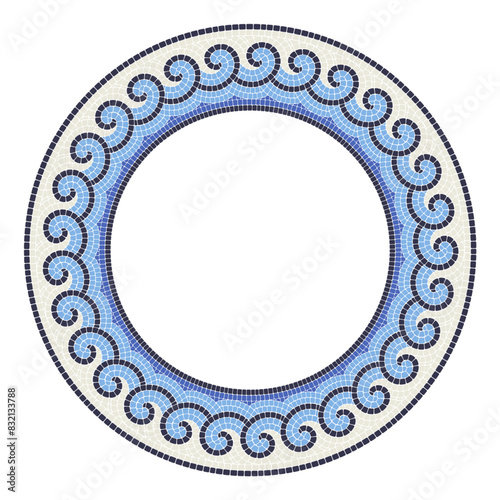 Round mosaic frame with sea waves, circle in portuguese style with decorative wavy curls, greek ornament, vector