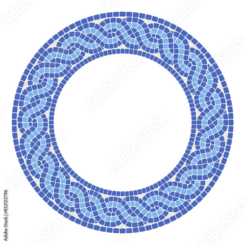 Round frame with interlacing mosaic braid, circle pattern with interweaving tile lines, mosaic pigtails, vector