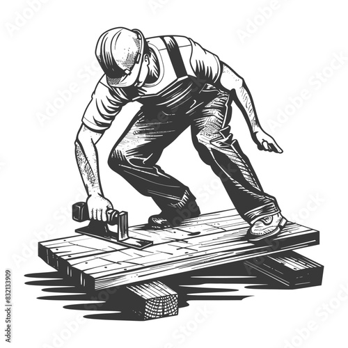 Worker Hand-Planing Wood Plank, Engraved Construction, Isolated.