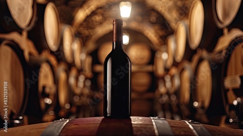 Elixir of the Oak: Wine Bottle Resting on Barrel photo