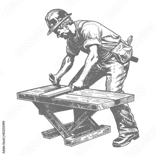 Engraved Carpenter: Manual Sawing Wood Plank, Vintage Construction Worker Illustration, Detailed Craftsman.