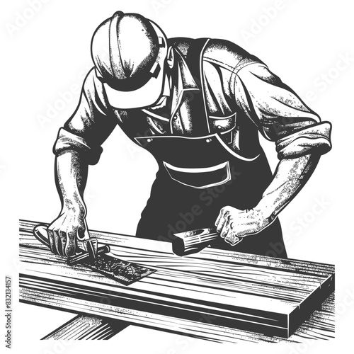 Woodworker Planing Plank: Vintage Engraving Style Carpenter.