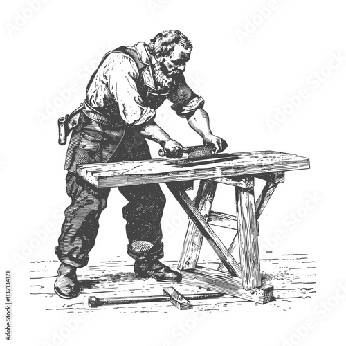Antique Woodworker Illustration: Man Planing Timber on Bench, Engraving Style.