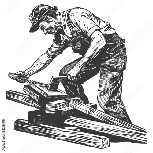 Woodcut Lumberjack: Rustic Laborer with Woodpile, Hat and Axe.