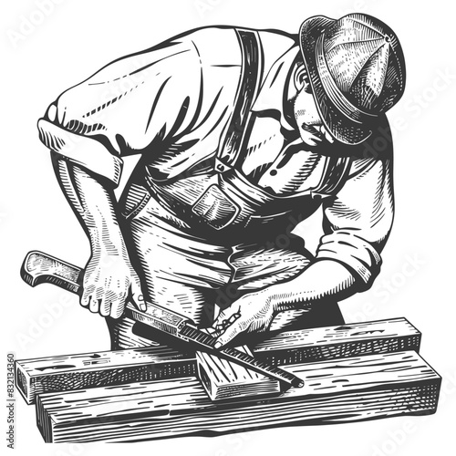 Woodworker's Focus: Detailed Engraving of a Carpenter Shaping Wood with a Chisel.