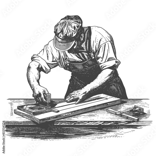 Engraving: Craftsman Honing Wood, Overalls, Cap, Tool, Table.