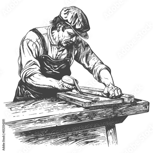 Engraving of a Carpenter Planing Wood on a Rustic Workbench.
