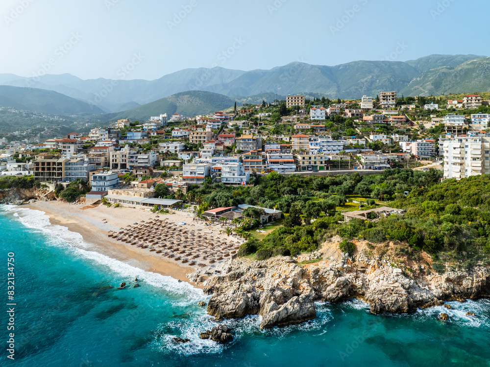 Seaside view over Himare from a drone, Albanian Riviera, Albania