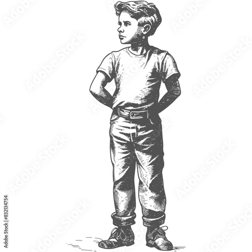 Pensive Boy in Jeans: Hand-drawn Illustration of Childhood Reverie.