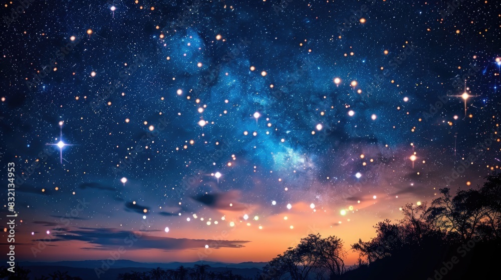 Naklejka premium A magical night sky with a bright full moon and countless stars, casting a serene glow on the landscape below