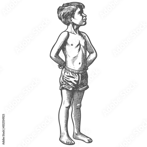 Pensive Boy, Shirtless and Barefoot, Engraving Style, Side View, White Background.