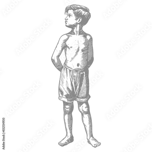 Etched Boy in Shorts: Vintage Engraving of Child with Hands Behind Back, Looking Right