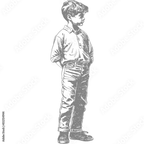 Pensive Boy, Hands Behind Back, Vintage Etching Style Illustration