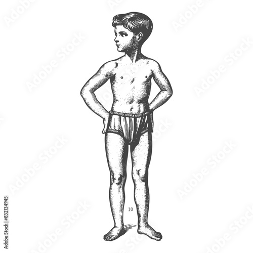 Vintage Engraving: Boy in Briefs, Hands on Hips, Looking Left.
