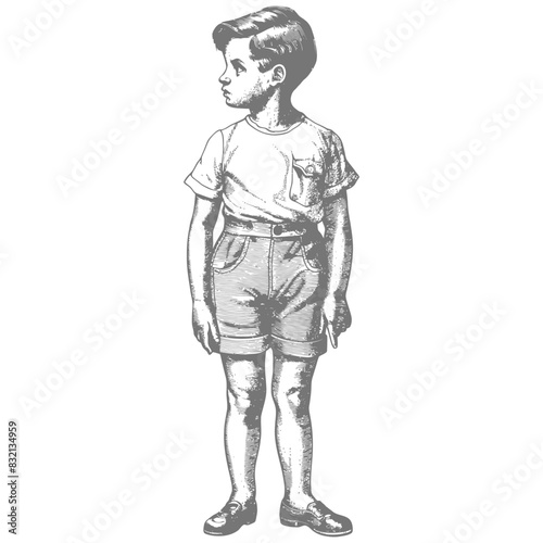 Vintage Boy, Side Profile, Shorts and T-Shirt, Etching Style.
