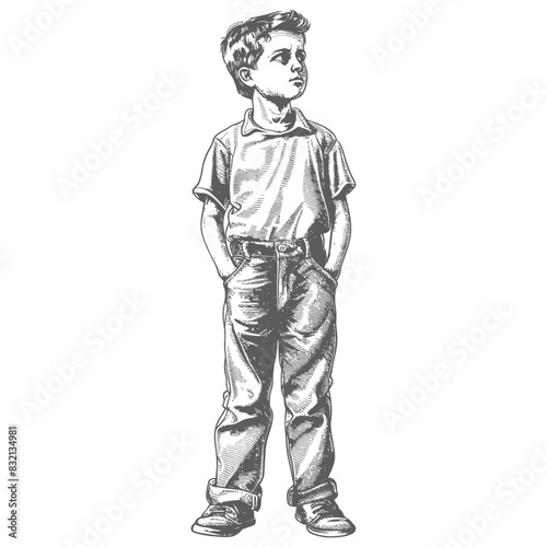 Pensive Boy in Jeans, Sketch Illustration on White.