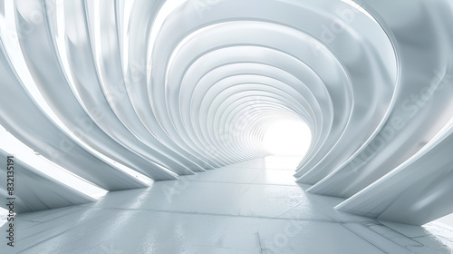 3d rendering, bright science fiction tunnel, bright background ,White futuristic tunnel leading to light, Modern style ,Empty white tunnel bright contrast white hall