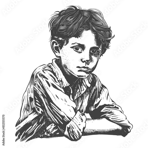 Pensive Boy: Charcoal Portrait, Intricate Hair, Sad Eyes, Shirt, Vulnerable Youth.