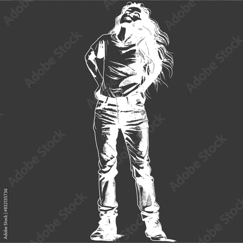 White Silhouette: Woman in Jeans, Head Back, Hair Flowing, Dark Background