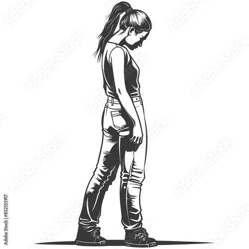 Monochrome Vector: Depressed Young Woman with Ponytail, Shoulders Slumped, Isolated on White.