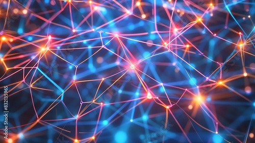 An abstract neural network illustrated with bright neon lines and nodes, pulsating with data transfer signals