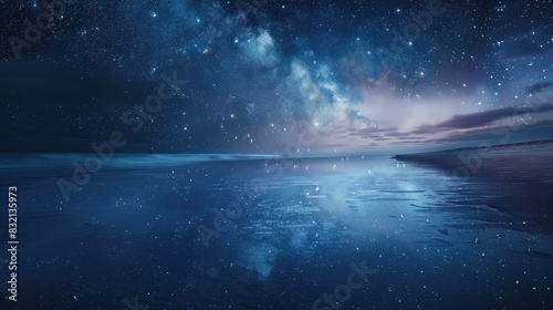 A peaceful beach at night with a clear sky full of stars and galaxies, reflecting on the calm ocean waters photo
