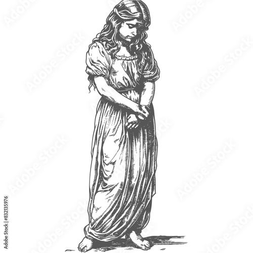 Pensive Young Girl, Long Dress, Downcast Gaze, Vintage Engraving.