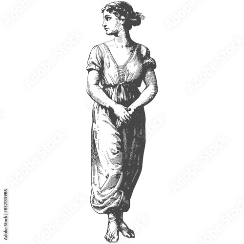 Engraved Classical Woman: Elegant Tunic, Profile View, Fine Detail Art.