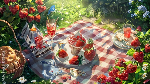 A delightful outdoor picnic with strawberries, cupcakes, and refreshing drinks on a checkered blanket on a sunny day. photo