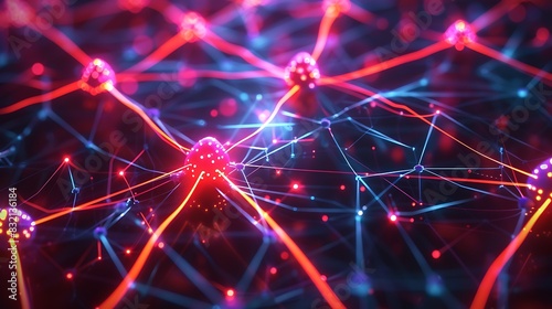 An abstract neural network illustrated with bright neon lines and nodes, pulsating with data transfer signals