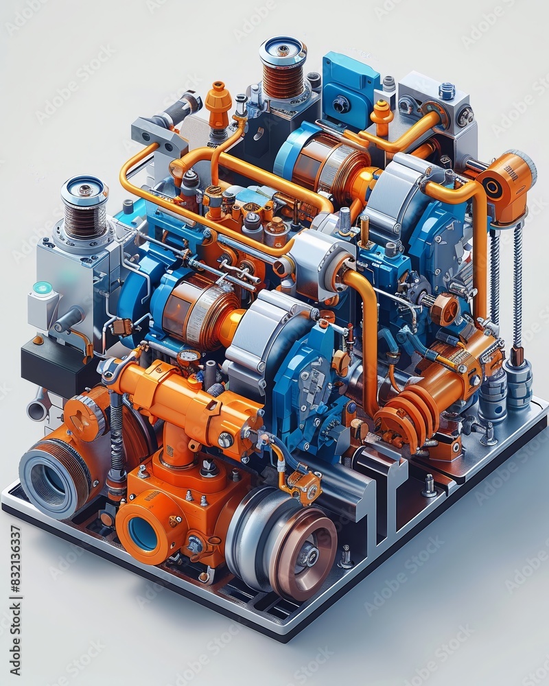 Illustrate the complexity of hydraulic systems with a top-down perspective Showcase the interconnected components of pistons, hoses, Illustrate the complexity of hydraulic systems with a top-down perspective Showcase the interconnected components of pistons, hoses,