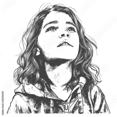 Pensive Girl in Hoodie: Engraving Style, Looking Upward, Hopeful Gaze.