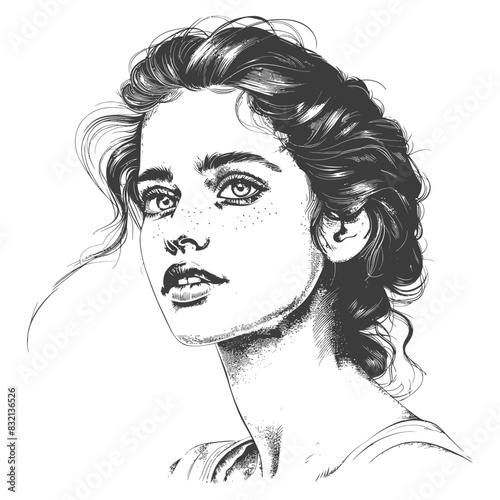Ink Portrait: Youthful Woman with Freckles, Looking Upward, Expressive Gaze.