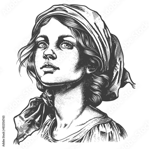 Engraved gaze: young woman in headscarf, vintage illustration style.