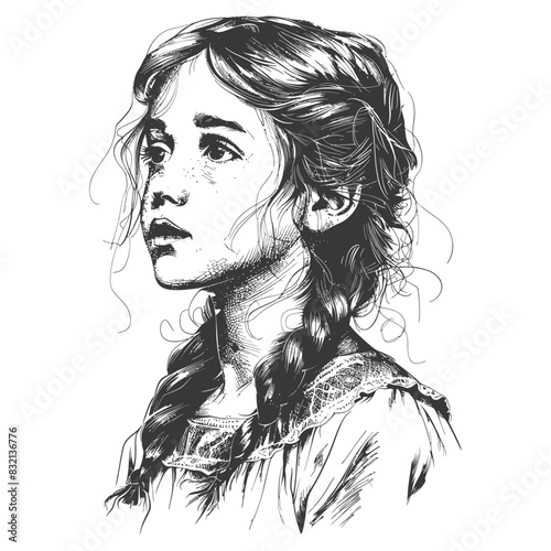 Pensive Girl with Braids: Intricate Monochrome Sketch, Innocent Gaze, Lace Detail