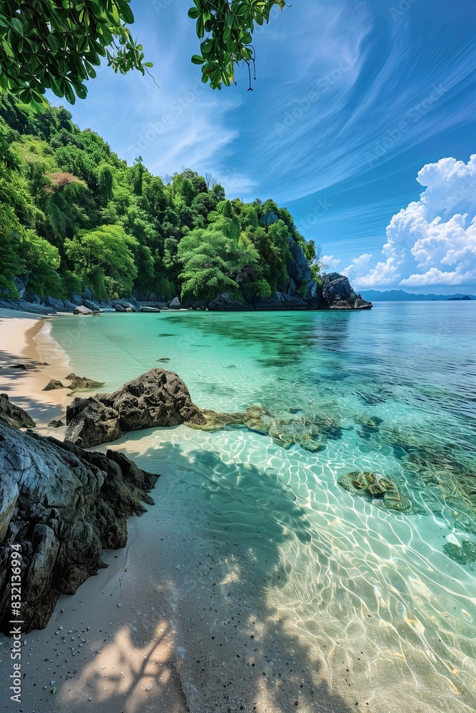 Fototapeta premium Pristine tropical beach, clear turquoise water, white sand, lush greenery, sunny day, calm, serene, secluded