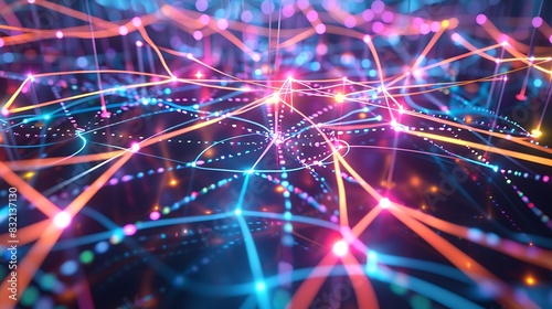 An abstract neural network illustrated with bright neon lines and nodes, pulsating with data transfer signals