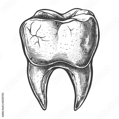 Engraved molar: Detailed tooth drawing, vintage anatomical illustration, black and white.