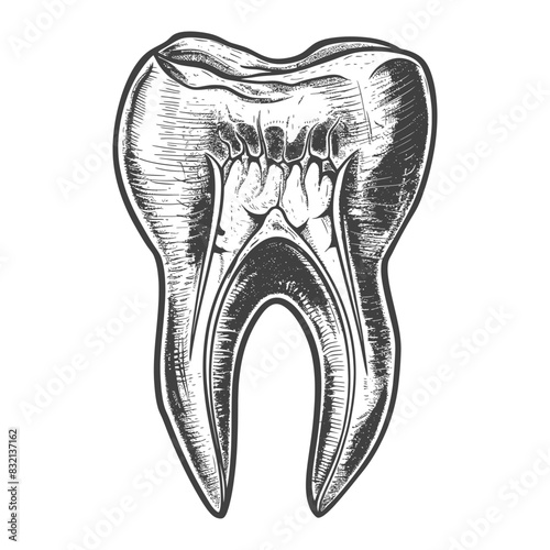 Engraved Tooth Section: Anatomy and Structure Illustration.