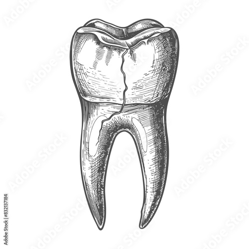 Cracked Tooth - Hand Drawn Anatomical Illustration on White.