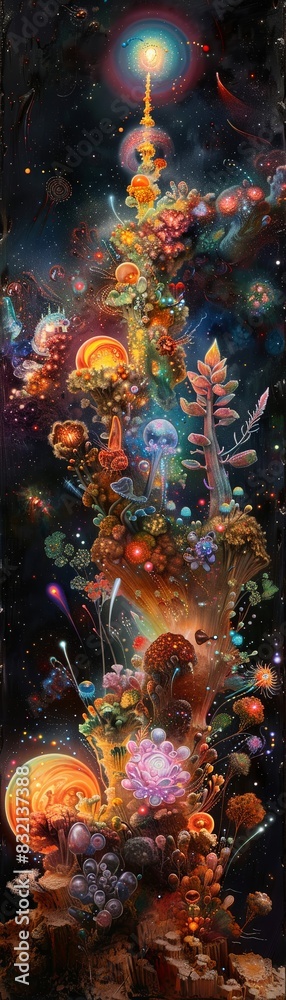 Explore the possibility of botanical specimens resembling a mix of plants and crystals, alongside bioluminescent insects that emit a Explore the possibility of botanical specimens resembling a mix of plants and crystals, alongside bioluminescent insects that emit a
