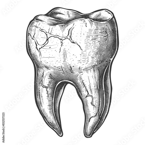 Engraved Molar: Cracked, Damaged Tooth, Monochromatic Illustration, Dental Decay.